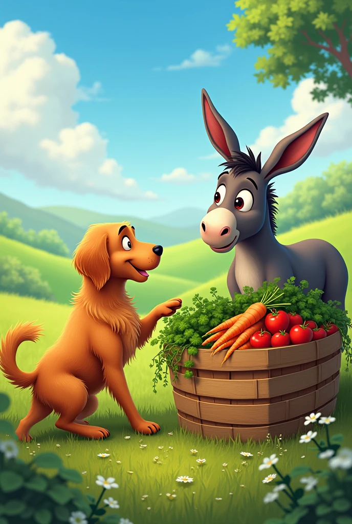 In the field, Rover the dog  pointed to the heavy baskets of vegetables. “Daisy the donkey carry these.