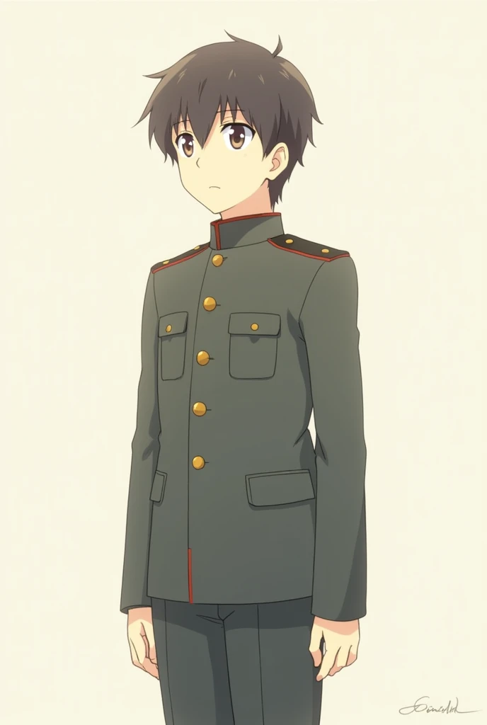 1 men, 15year old, offwhite. (standing alone, military dress uniform, shorth hair, eyes browns, expression would be, Defined physique). (Fundo offwhite, He is looking at the screen with a serious expression.) ((Anime character)).