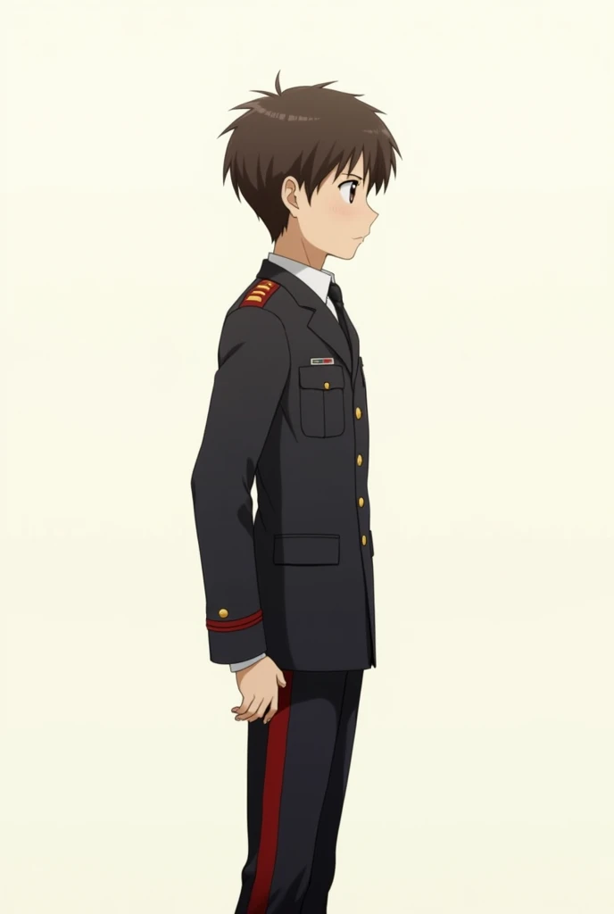 1 men, 15year old, offwhite. (standing alone, military dress uniform, shorth hair, eyes browns, expression would be, Defined physique). (Fundo offwhite, He is looking at the screen with a serious expression.) ((Anime character)).