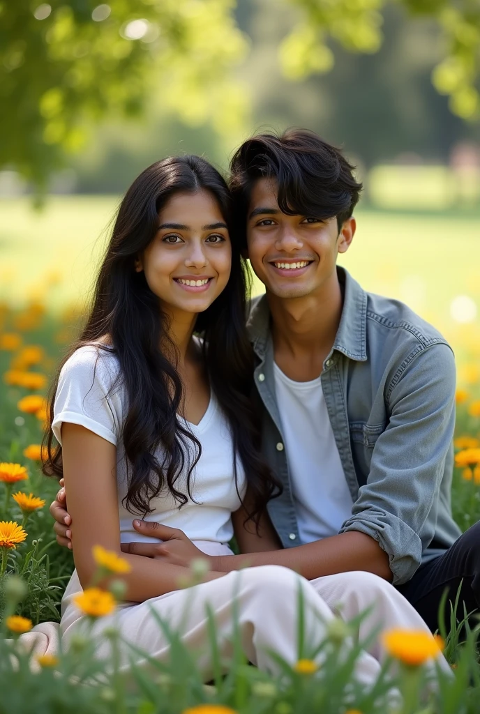A 19-year-old  Arabian beautiful girl wearing a shirt and skirt is sitting on the lap of a 17-year-old hansome Indian boy in a park, who is wearing a grey shirt and white t-shirt inner, his thick black hair falling over his eyes, both are looking straight at the camera. Beautiful scenery all around