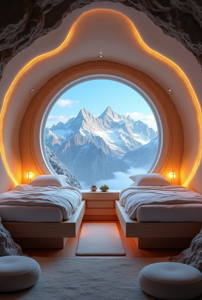Imagine a futuristic, cozy bedroom nestled in the mountains with two built-in pod-style beds. The beds are stacked on top of each other, each enveloped in soft, warm amber lighting, and adorned with plush pillows and thick, cozy blankets that invite you to snuggle up. Instead of overlooking a cityscape, the large floor-to-ceiling window reveals a breathtaking view of snow-capped peaks under a clear, starry sky.

The room is accessed by a curved, illuminated staircase leading up to the top bed, with the steps designed to mimic the natural flow of a mountain path. The ceiling features recessed lights that resemble twinkling stars, enhancing the sense of sleeping under the open sky. The walls have a smooth, organic texture, resembling the contours of mountain rocks, creating a soothing and harmonious environment.

The floor has a soft, earthy texture, reminiscent of moss or a forest floor, with round, cushioned seats scattered around the room, perfect for sitting by the window and enjoying the serene mountain view. The overall atmosphere is warm and inviting, blending futuristic design with the raw beauty of the mountainous surroundings.
