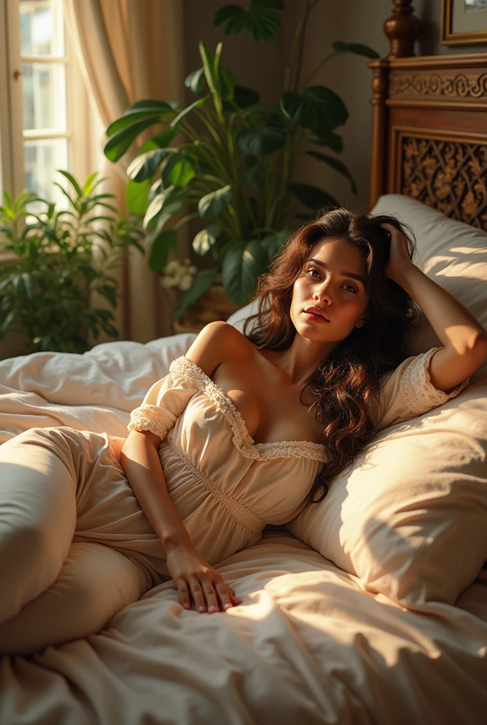 (photorealism:1.2), beautiful woman, sitting on bed, wearing loose off-shoulder top, pajama pants, long curly hair, indoors, soft lighting, plants in background, window with sunlight, cozy room, relaxed pose, realistic, intricate details, warm colors, by Greg Rutkowski, by Alphonse Mucha