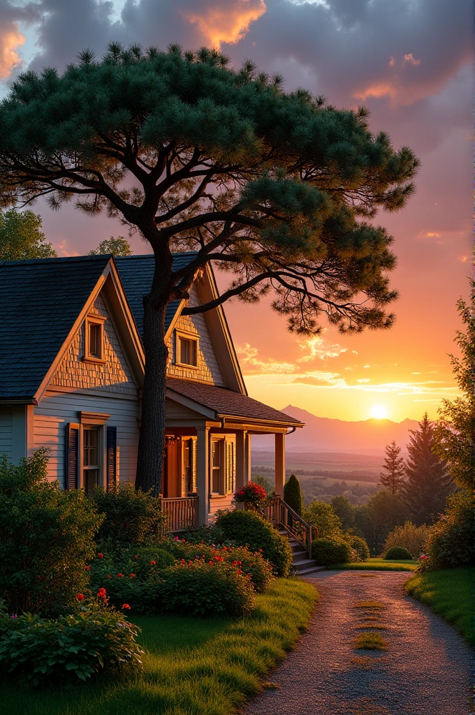 tree, no humans, scenery, outdoors, sky, cloud, building, sign, house, window, plant, cloudy sky, bush, sunset