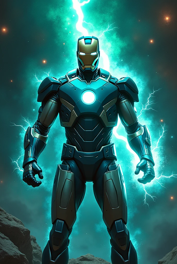 Combined super hero, with iron man, thor,dr strange,
Helmet on , armor only, space with blue lightning in the middle background, lightning in right hand, green mystical aura above head , no cape collar
Helmet design like mark 50 iron man armor