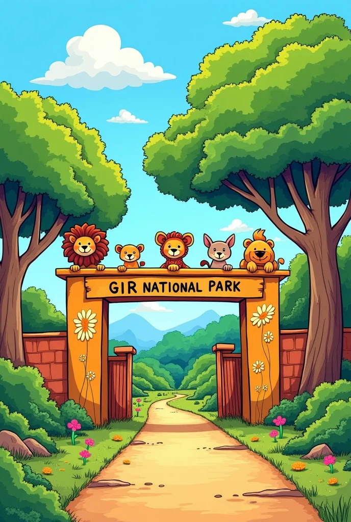 Make a drawing of Gir National park drawing front side entrance gate make like a childs drawing