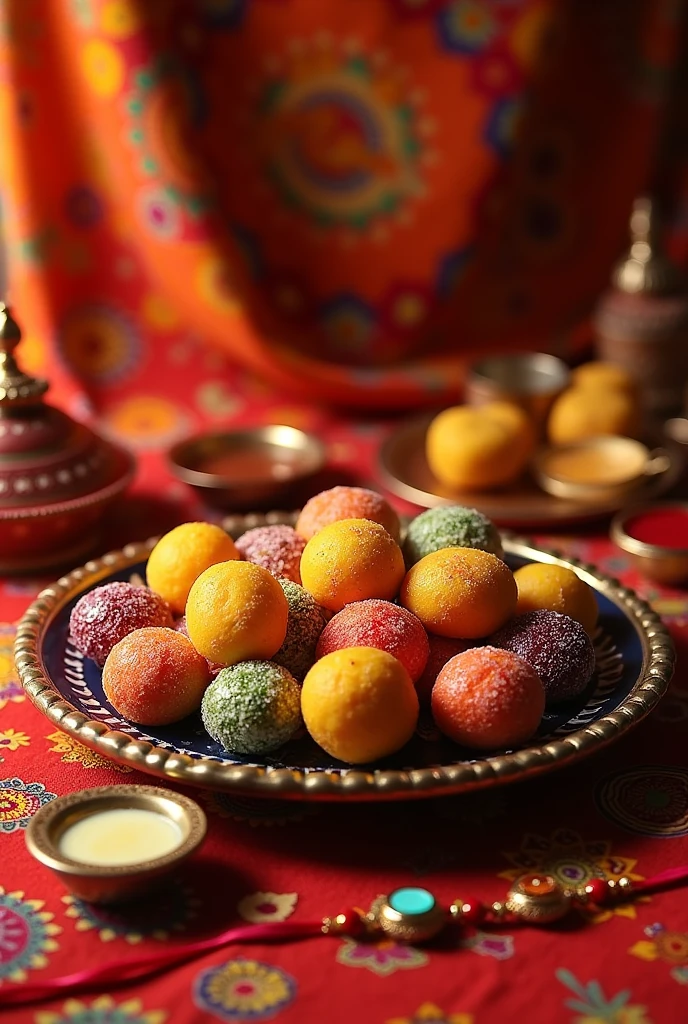 Front ground of  kalash Pooja thali with laddo and red teeka and rakhi and background of self  print 
