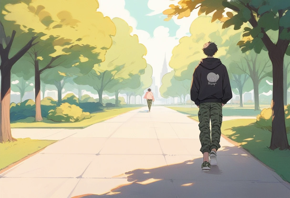 an Anime guy long dark grey hair walking on a park, wearing creme pastel colored hoodie, with a workbag filled with laptop, green baggy camo pants, and New Balance shoes.