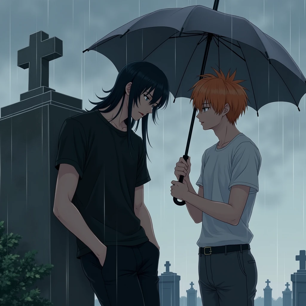 A guy with long black hair, gray eyes, Beautiful face, beautiful body, black T-shirt, black trousers, sitting leaning against the tombstone, It's raining, sad, A guy with orange hair and blue eyes is standing nearby., Beautiful face, beautiful body, White T-shirt, dark gray pants, holding a gray umbrella over him, anime art, realistically, super detail, masterpiece