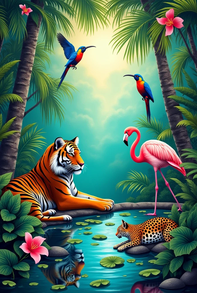 Can you make a animation post for me leaving space for my text and make it based on tropical theme with birds , tiger , flamingo , leopard blooming flower and leaves
