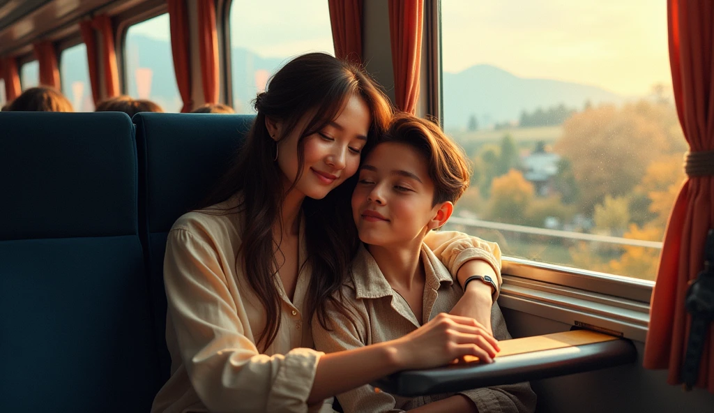 He sleep's on her shoulder while travelling in local train she saw him gives a small smile."Realistic, intricate details, vibrant colours.