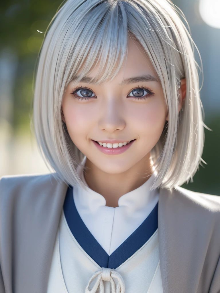 (A beautiful girl in a bright nordic setting, face lighting, realistic, cute, sexy, slim, extremely detailed eyes, droopy eyes, clear eyes, extremely detailed face:1.25), (ultra short fluffy hair,silver hair:1.5),(close-up of face,smiling:1.25), (japanese highschool uniform:1.5),detailed skin, intricate details, high quality, detailed background, soft lighting, detailed clothing, natural pose, cinematic lighting, volumetric lighting, digital art, photorealistic, vibrant colors, sharp focus, hyper detailed,Highres fix