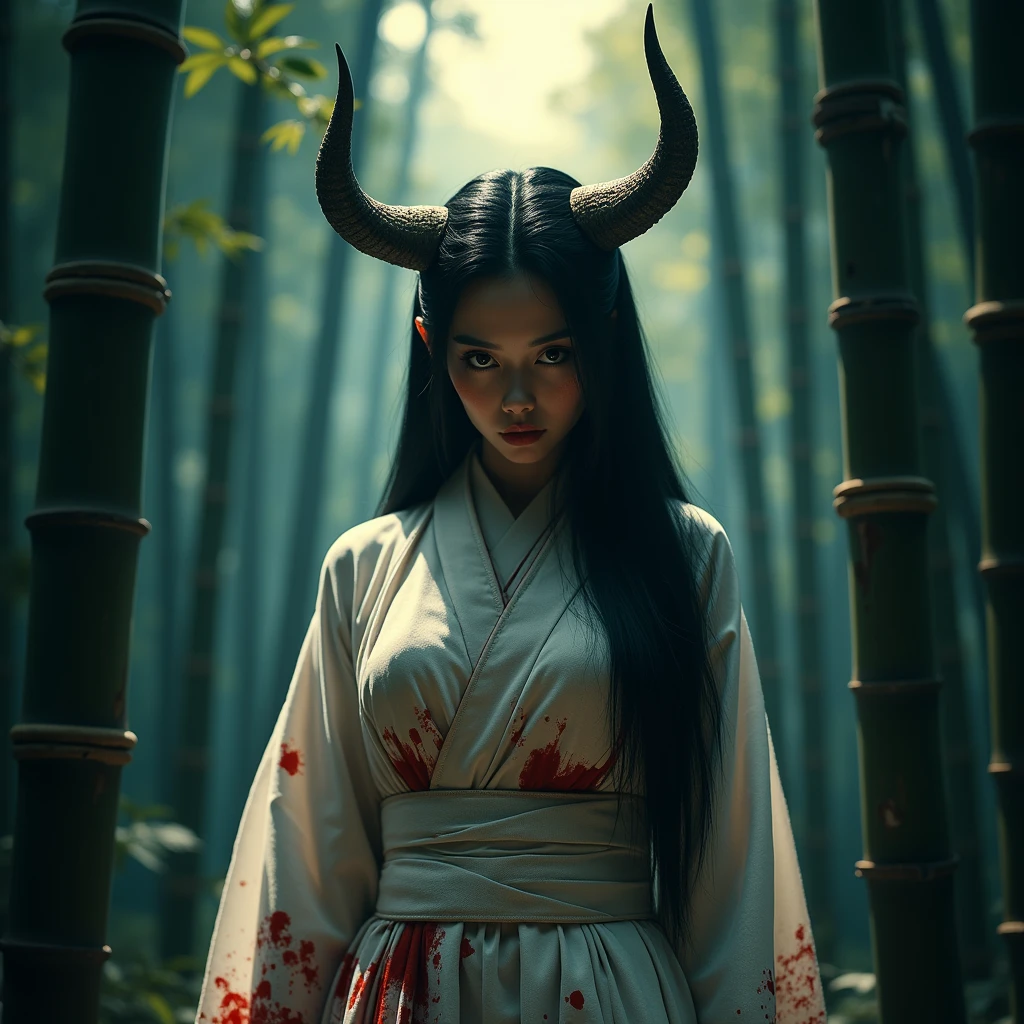 bamboo forest、night、Wearing a white kimono stained with blood、bamboo forestで牙をむき出しにする鬼女、Detailed bull horn、Beautifully detailed eyes、 Straight black hair、Ideal body type、Big Breasts、Tight waist、Detailed skin、Mythical creatures、Realistic、Very detailed、8k、masterpiece、Dramatic lighting、Cinematic、elegant、Powerful、Strong gaze、Perfect Skin、Exquisite detail、Dynamic pose、Atmospheric、Stunning colors、Chiaroscuro