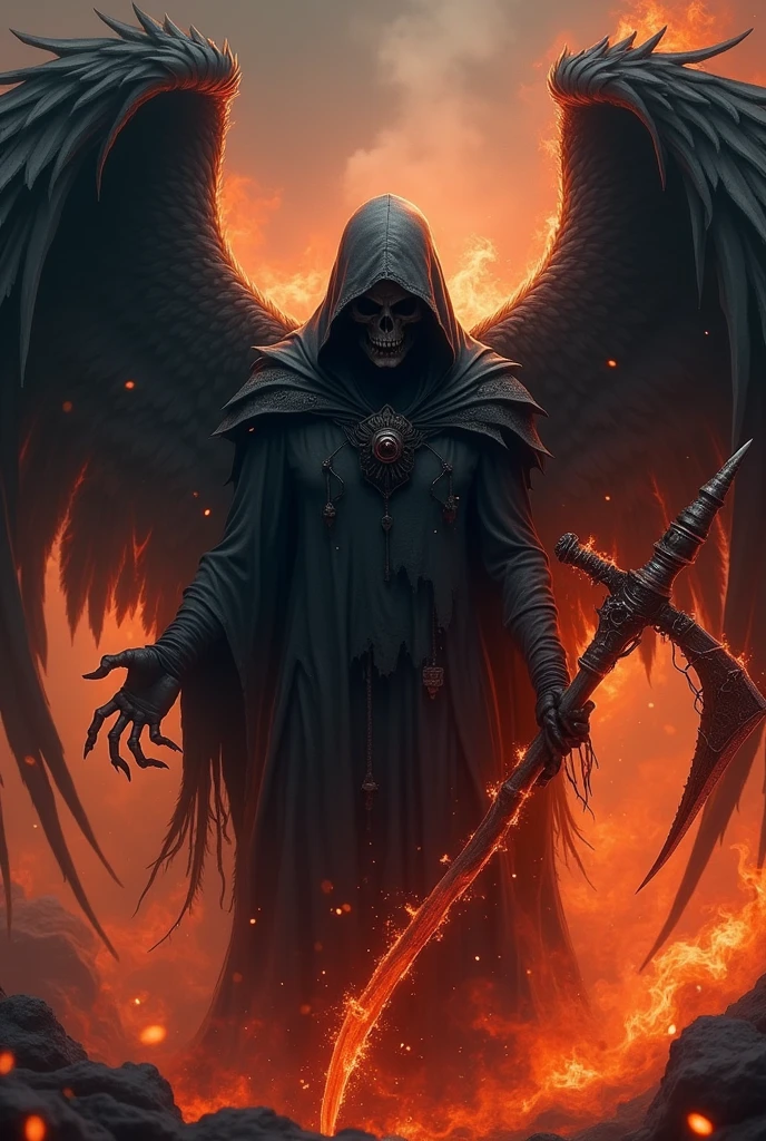 Create a detailed and dramatic logo featuring a menacing "Death Angel" at the center. The angel should have dark, tattered wings, with a haunting and ethereal aura. Its face is partially obscured by a shadowy hood, and its skeletal hands hold a burning scythe. Surround the figure with intense, realistic flames that rise behind and around it, engulfing the background in shades of red, orange, and black. The flames should create a powerful and chaotic scene, yet allow the angel to stand out as the focal point. Make sure the overall feel is dark, intense, and foreboding, with an otherworldly atmosphere that fits the theme of "Death Angel." Include subtle elements of ash and smoke to enhance the realism of the fire. This logo will represent a YouTube channel