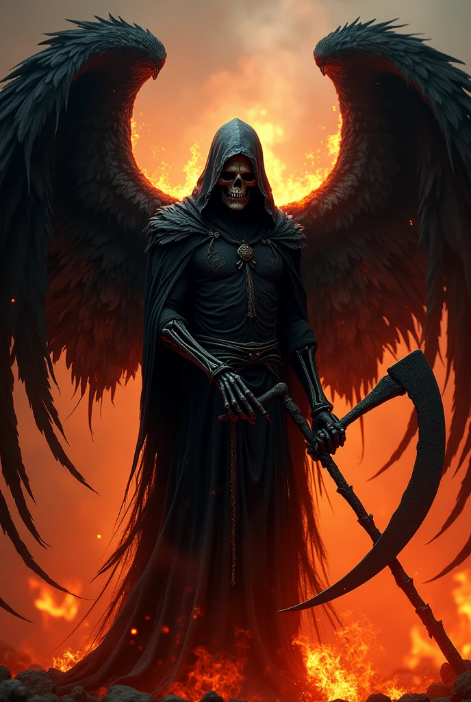 Create a detailed and dramatic logo featuring a menacing "Death Angel" at the center. The angel should have dark, tattered wings, with a haunting and ethereal aura. Its face is partially obscured by a shadowy hood, and its skeletal hands hold a burning scythe. Surround the figure with intense, realistic flames that rise behind and around it, engulfing the background in shades of red, orange, and black. The flames should create a powerful and chaotic scene, yet allow the angel to stand out as the focal point. Make sure the overall feel is dark, intense, and foreboding, with an otherworldly atmosphere that fits the theme of "Death Angel." Include subtle elements of ash and smoke to enhance the realism of the fire. This logo will represent a YouTube channel