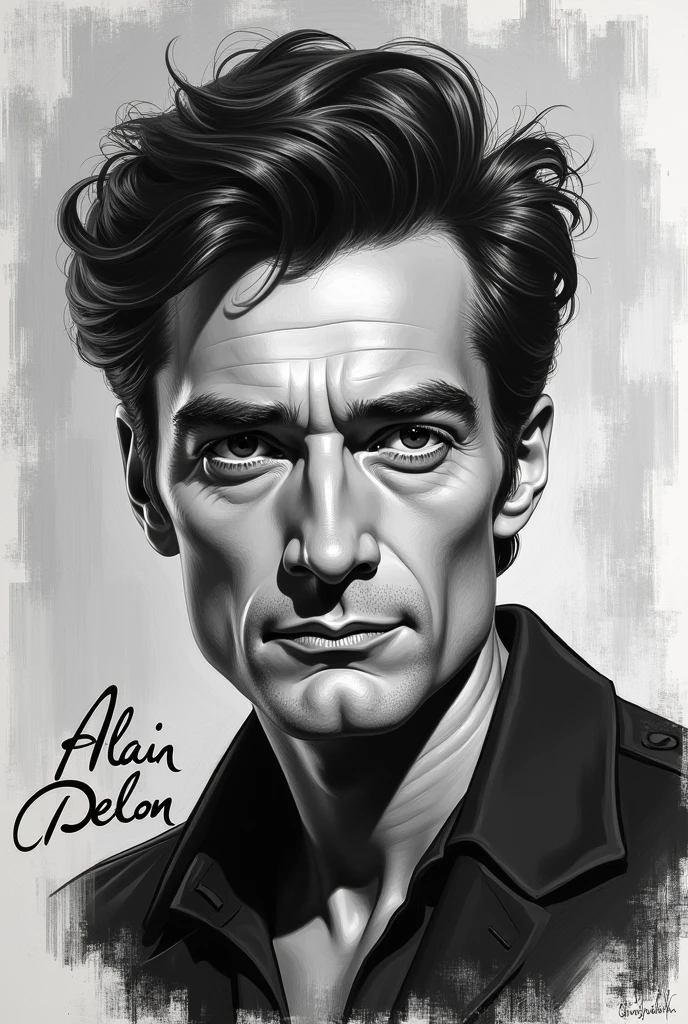 alain delon jeune.
caricature en noir et blanc peint sur un tableau par un peintre. il est ecrit "Entre-Deux-Guiers, lundi 19 août "
