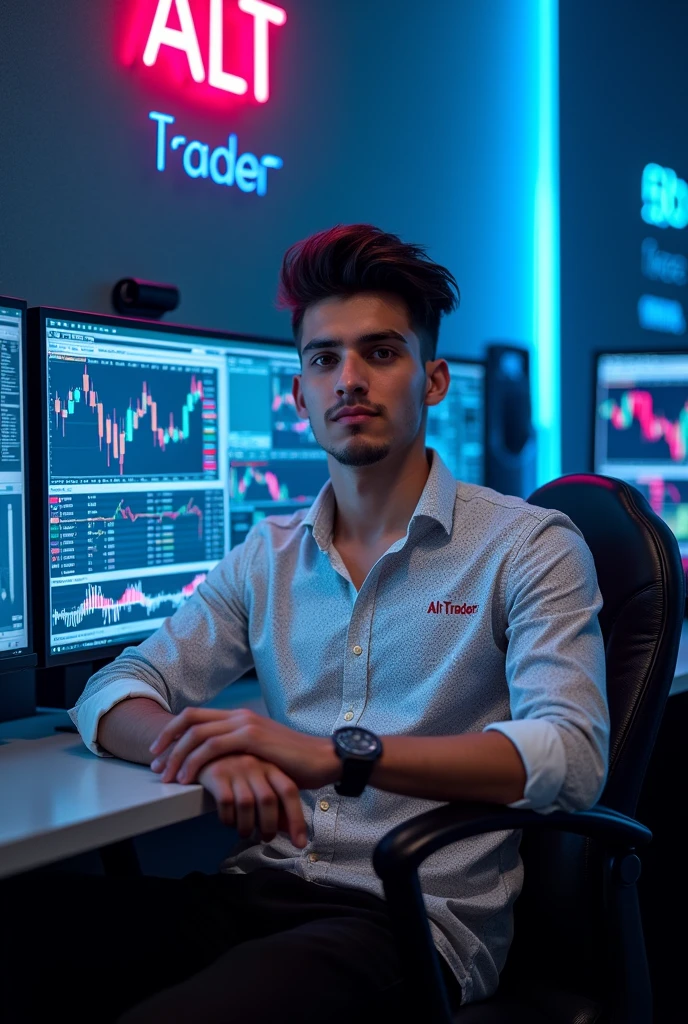 Crate a beautiful guy sit in chair and back side lcd screens and display show binary trading in his screen the boy shirt white and black pint and his shirt name is rahman ALT Trader back side in wall RAhman ALT trader neon logo