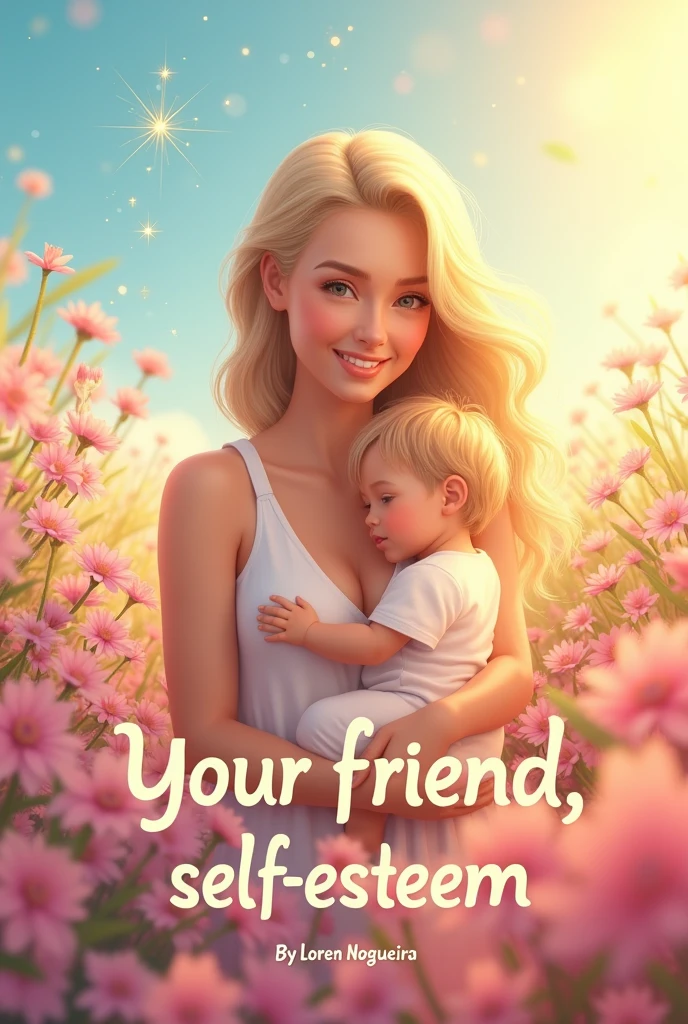 Create an Instagram story-sized image that says “your friend, self-esteem. By Loren Nogueira”. Include elements that evoke beauty, health, motherhood, rotina e self-esteem. With rounded letters, soft colors and shine.