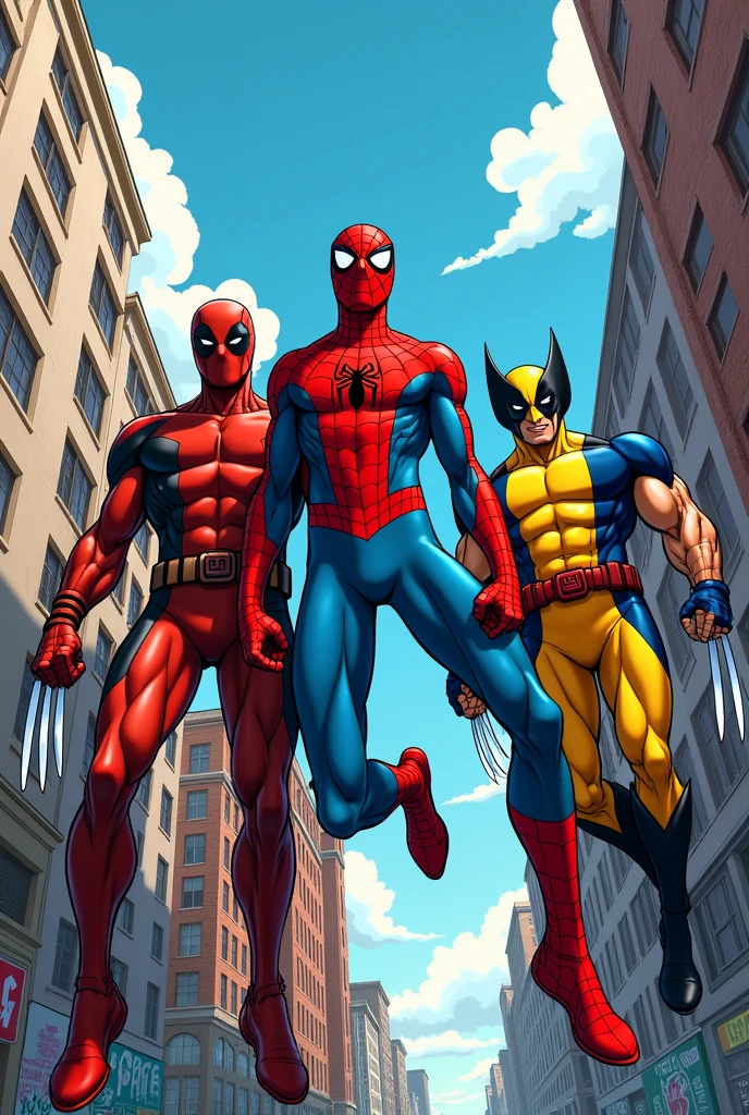 Spider-Man, Wolverine and Deadpool in the style of Mar del comic, but without Deadpool having claws or wearing the Spiderman suit.