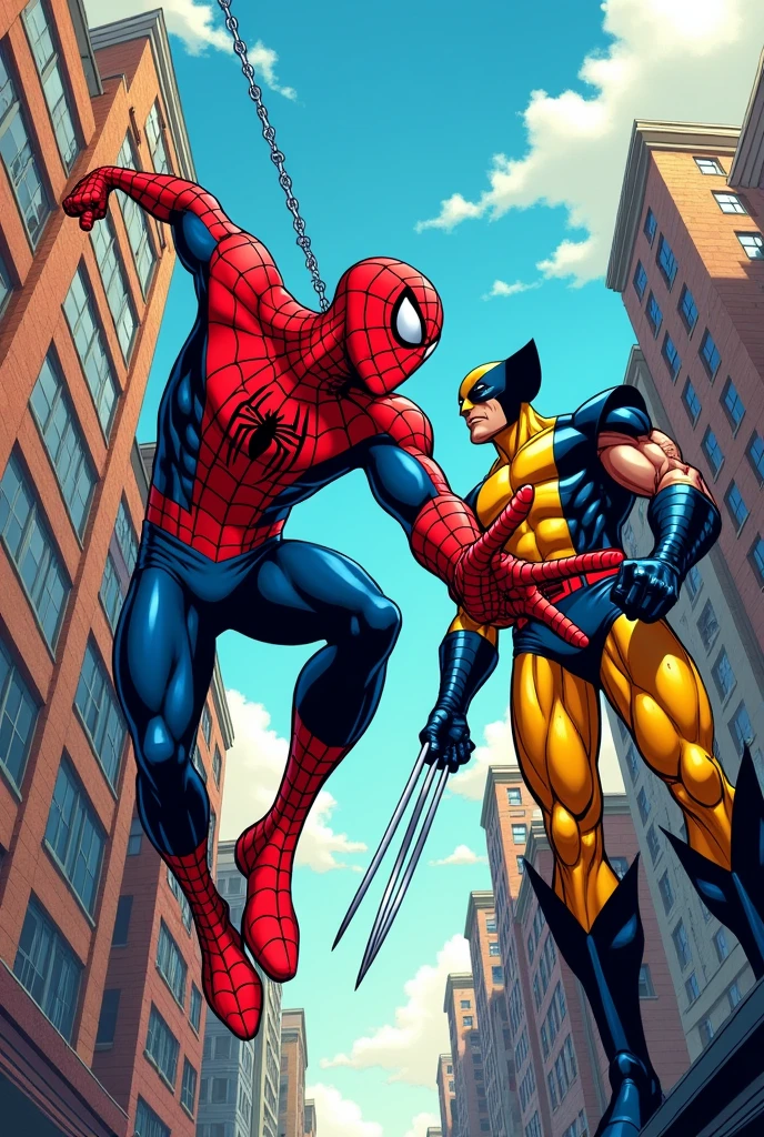 Spider-Man, Wolverine and Deadpool in the style of Mar del comic, but without Deadpool having claws or wearing the Spiderman suit.