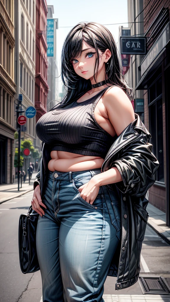 Adult female, curvy body, thick body, DD size breasts, dark BLACK hair, shoulder length hair, dark BLACK hair in a shoulder length hairstyle, light cyan blue eyes, mature looking face, very beautiful, loose top, pants, punk style clothes, posing, city street.