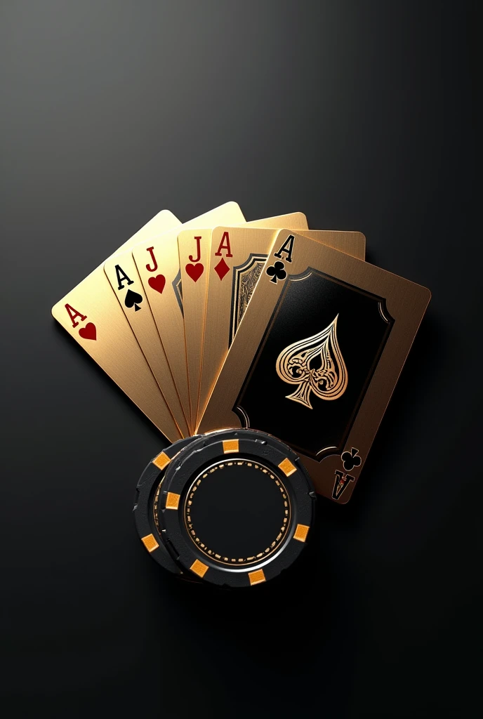 generate 8k images in pdf format for cell phone background of golden playing cards with black background mixed with gold But something simple with the playing cards in black and the symbols in gold but only with the 4 A simple background in black half gray with poker chips in black with gold at the base of the cards as if the cards were on a table and the poker chips at the bottom of it with the top view of the cards