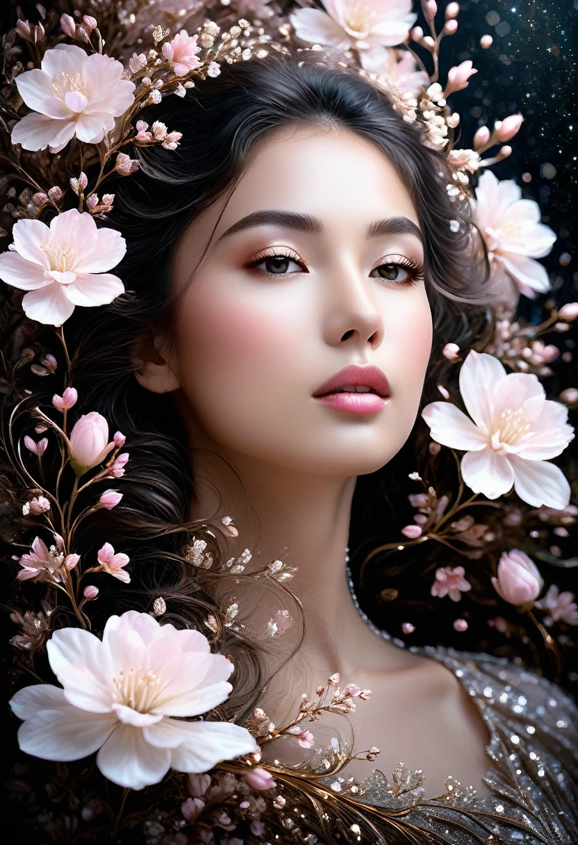 A captivating and surreal portrait of a woman's face, elegantly framed by delicate white flowers with hints of pink. The woman's expression is serene and introspective, her lips slightly parted as if in a moment of quiet contemplation. Her skin glows softly against a dark, star-speckled background, giving the impression of a celestial or dreamlike atmosphere. The flowers are detailed and vibrant, with petals that almost seem to float around her, adding an ethereal and otherworldly quality to the scene. The overall mood is both mystical and intimate, blending natural beauty with a touch of fantasy.
