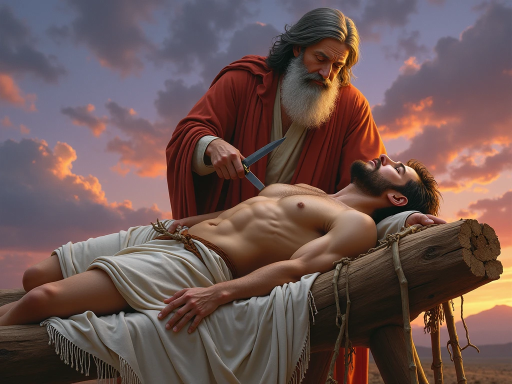 "Create a digital artwork inspired by the scene of Abraham about to sacrifice his son Isaac. In this image, Isaac, a young man with a muscular build, lies on a wooden altar covered with sticks, his body partially covered with a cloth. His expression is calm and resigned, as he rests with his eyes closed. Abraham, an elderly man with a long beard and wearing a robe, stands above Isaac with a knife in hand, his face showing deep sorrow and determination. The background features a dramatic sky with hues of purple and orange, reflecting a sunset. The scene should capture the emotional gravity of the moment, emphasizing the detailed textures of the figures' clothing, the wood, and the subtle play of light and shadow in a digital art style."