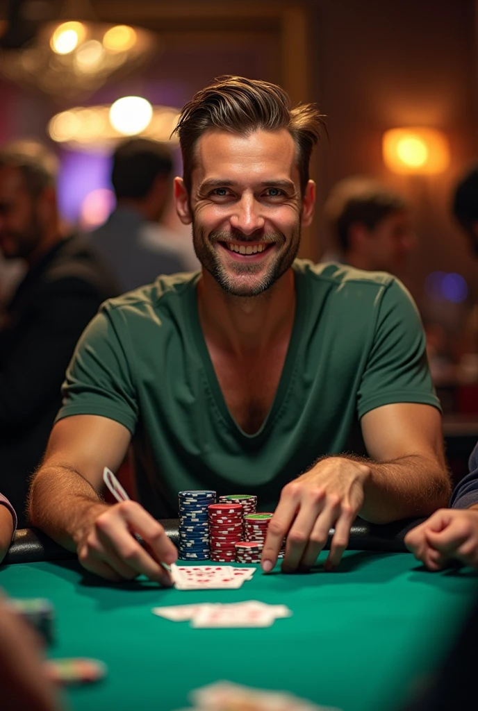 bary allen, without mask, holding the cards in hand, more realistic at a poker table playing, excellent image quality, bright colors