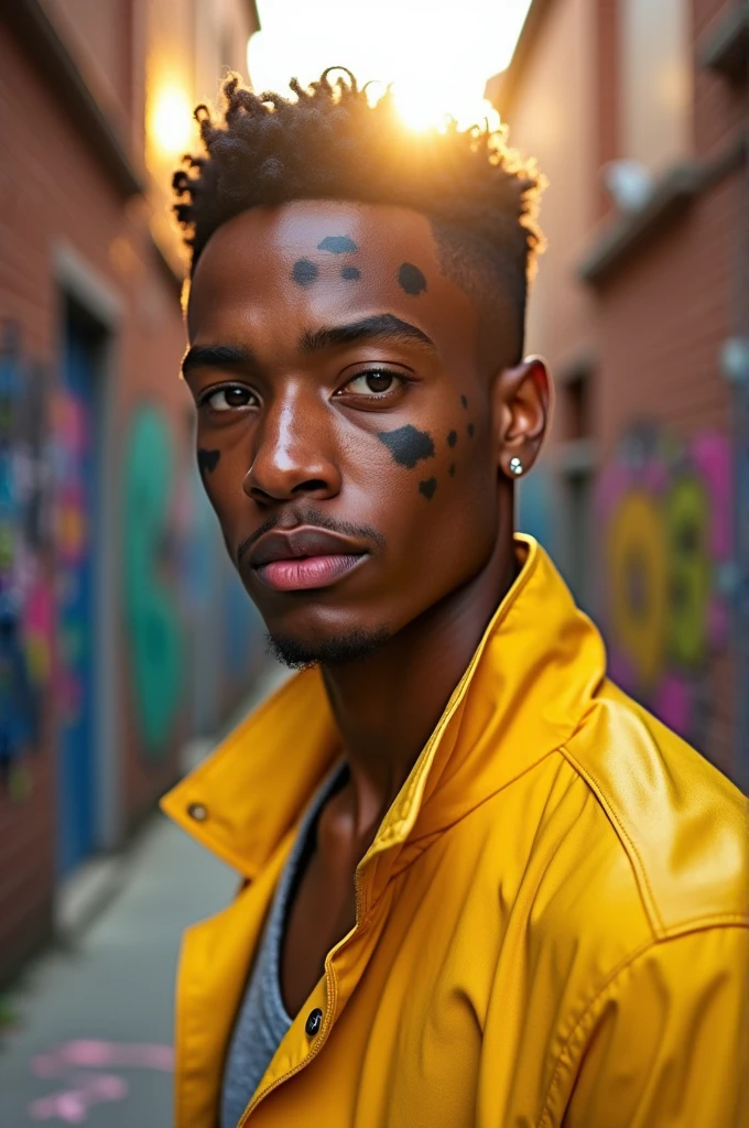 Mulatto man with dark kisses wearing a yellow jacket
