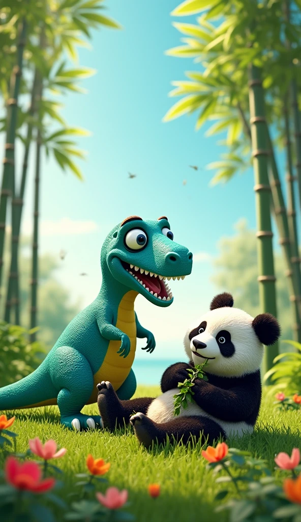Dinosaur and panda in one frame