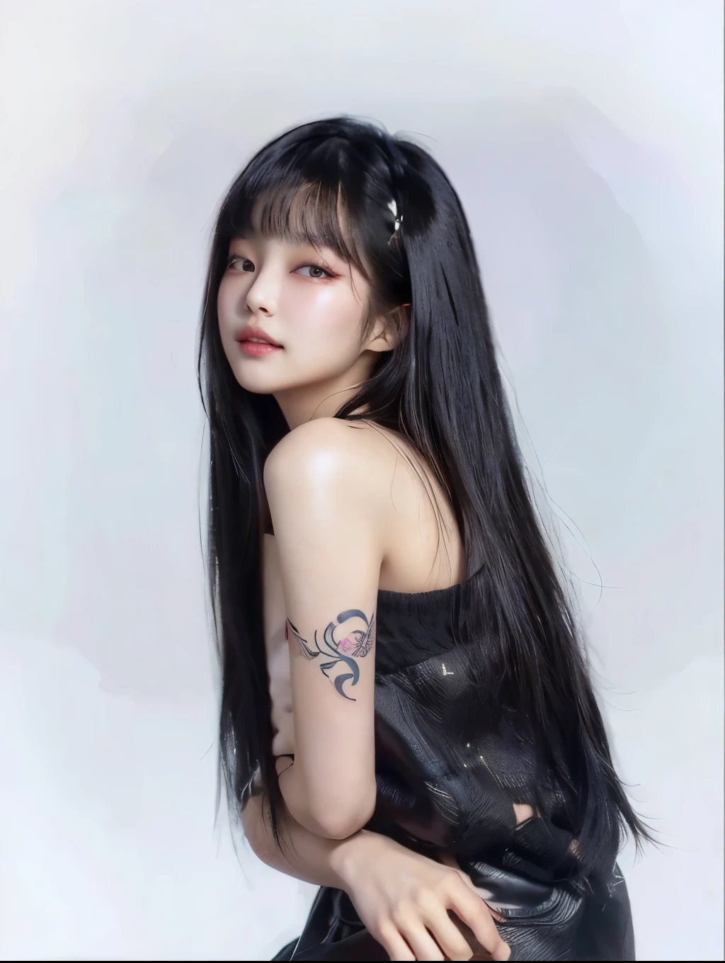 Closeup of a woman with a tattoo on her arm, She has black hair with bangs, hair with black bangs, Gongbi, Portrait of Jossi from Blackpink, Taiwanese girl with tattoos, dilraba dilmurat, Long black hair with bangs, korean idol woman portrait, long thin black hair, jingna zhang