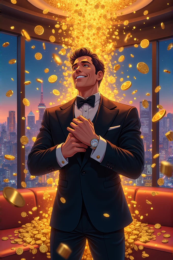 A rich man with money rain in anime
