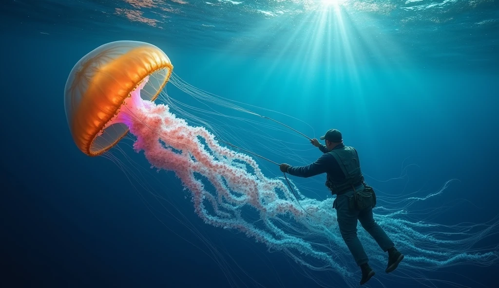 A giant jellyfish floating in the ocean, detailed close-up view, dark blue water, fisherman catching the jellyfish with fishing net, sunlight reflecting on the water, realistic, photorealistic, cinematic lighting, vibrant colors, ultra-detailed, 8k, masterpiece, art by greg rutkowski and artgerm
