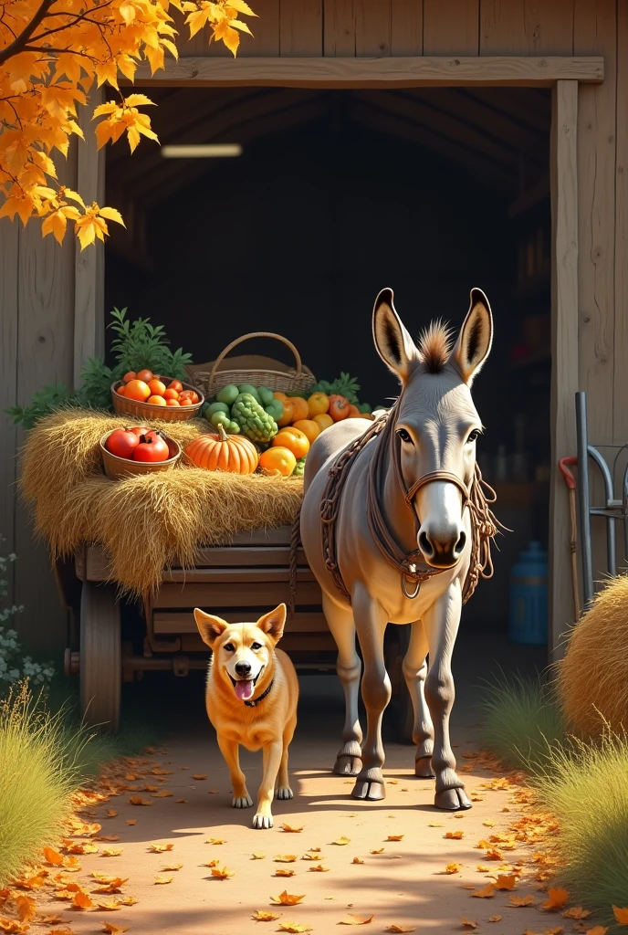 Together, dog and donkey worked tirelessly, unloading the harvest in the barn.