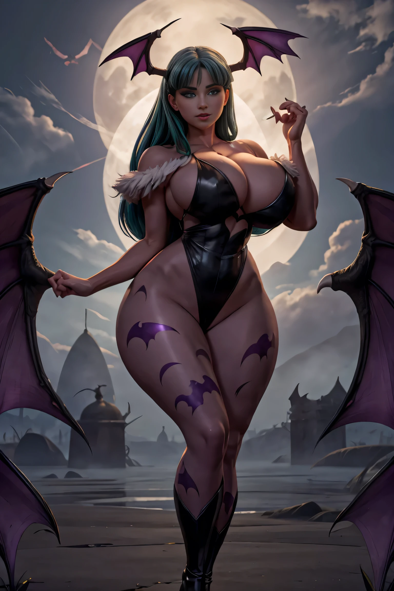 Morrigan beautiful and sensual sexy of her body with big breasts and big hips that shows her full body the best pose to appreciate her voluptuous body with a beautiful cleavage in the background of darkness and a huge full moon