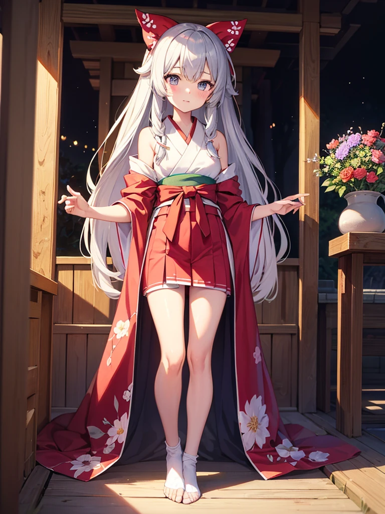 High definition、anime、pastel、A neat woman dressed in a shrine maiden outfit、Do not show your legs、Do not show thighs、Flowers sprout from beneath your feet、A long, flowing miko outfit、18age、Half red long silver hair、Full body portrait、Wearing clogs、Large eyes like opals、Powerful eyes、Dance dedicated to the gods