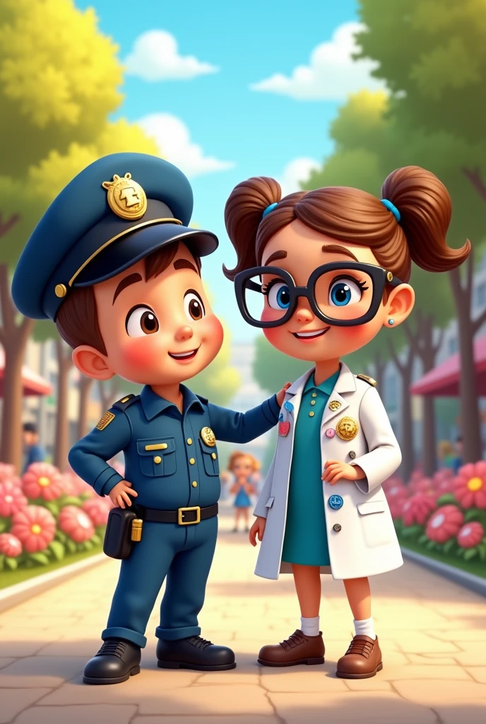 Cute Optometrist girl with police boy catoon