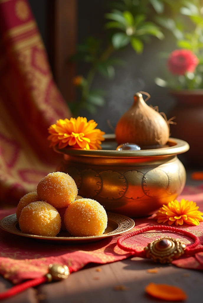 Front ground of kalash , laddo and red teeka and rakhi and background of self print