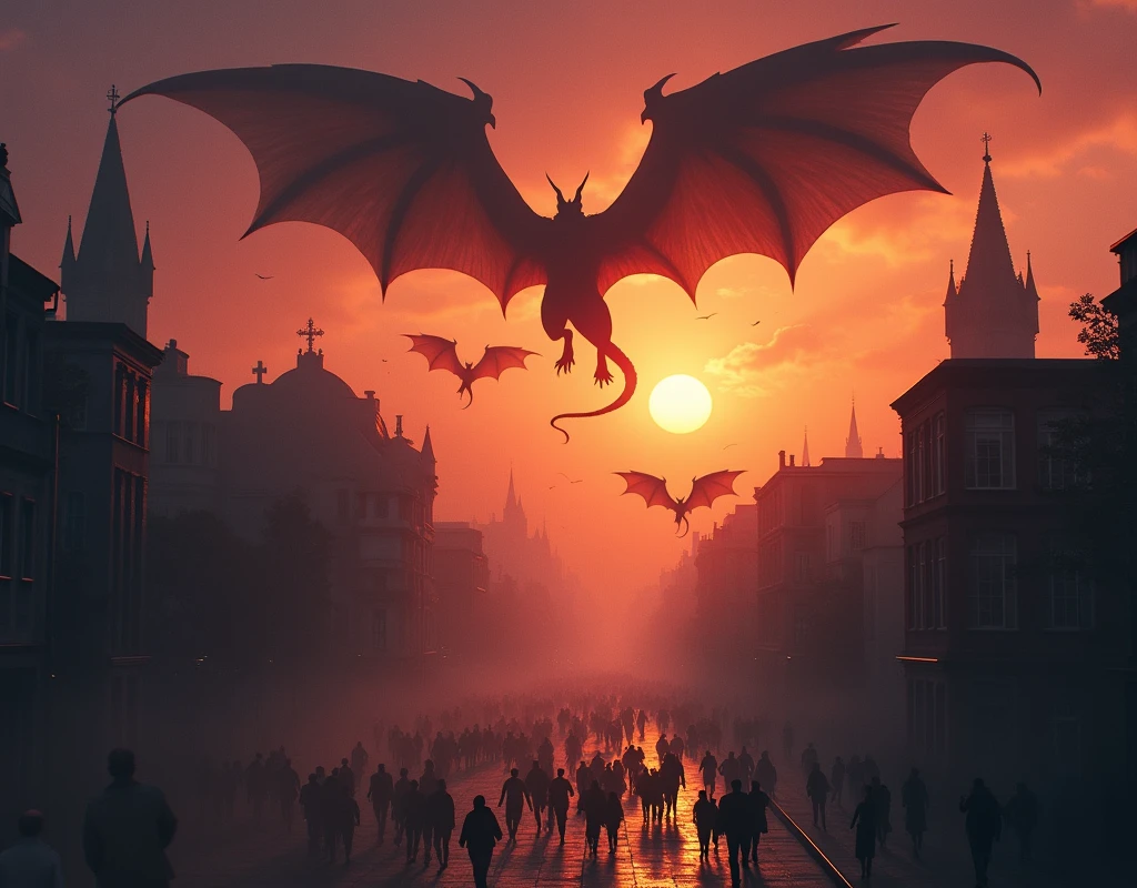 Highest quality,masterpiece,Ultra-high resolution, Fantasy、(A flock of gargoyles descends from the sky)、sunset、Shadows fall、(People running away)、Overlooking 20 meters、