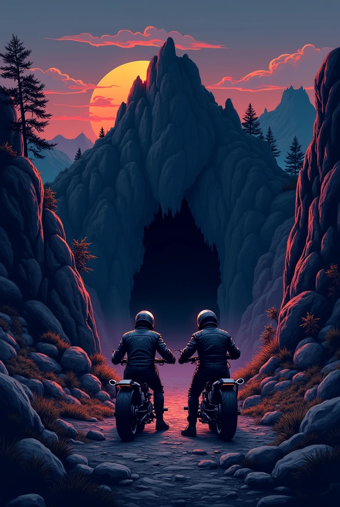 A logo with an old abandoned mine in the background, with the entrance looking dark and some motorcyclists in silhouettes. 
