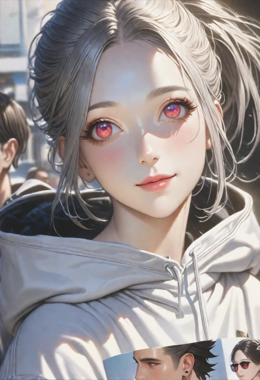 elegant portrait of a handsome man and a beautiful woman, 1 man, 1 woman, detailed face, straight hair, ponytail, short hair, black hair, Satoru Gojo, red eyes, sunglasses, oversized white clothing, streetwear, casual, stylish, skin, silver accessories, black background, simple background, looking up, charming smile, beautiful detailed eyes, beautiful detailed lips, extremely detailed eyes and face, long eyelashes, elegant girl, twin tails, silver hair, blue eyes, soft impression, schoolgirl, oversized black hoodie, exposed bra, best quality, 4k, 8k, highres, masterpiece:1.2, ultra-detailed, realistic, photorealistic:1.37, portraits, vivid colors