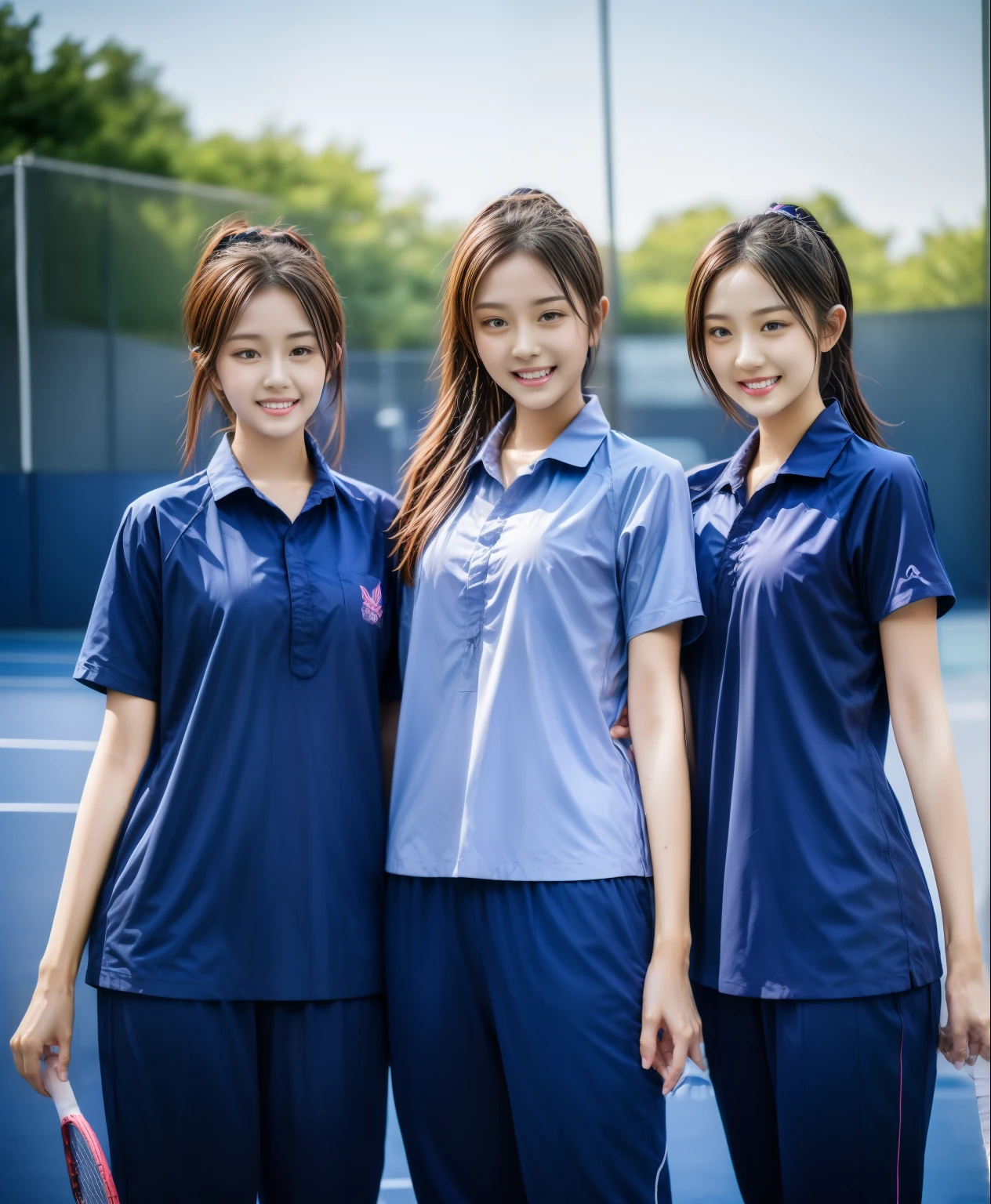 3 girls play tennis at tennis courts, Navy blue short-sleeved shirt,Navy Long Trackpant,Sweatpants, Sweatpantsขายาว,25 year old girl, lesbian, sexy, exercise clothes, wet body, exercise clothes