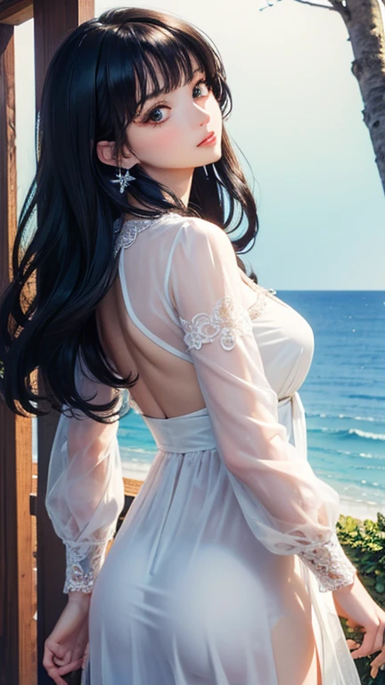 (masterpiece,Highest quality,,8k,High resolution),One female,,Beautiful Face,Beautiful Face,Beautiful eyes,Beautiful lips,,Black Hair,look back,,flower,Sandy beach with a view of the forest,A bright night with stars visible,jewelry,Holding,Long sleeve,necklace,Long Hair,dress,(whole body),Highly detailed anime art,