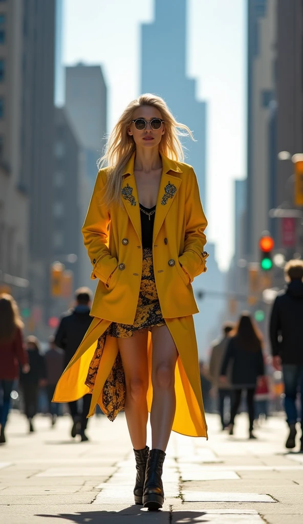 An awe-inspiring urban portrait of a confident and elegant white woman, seamlessly blending elements of the Marvel Universe'sWasp suit into her everyday attire. The model dons a stylish light yellow jacket, adorned with a design that echoes the iconic Wasp suit, harmonizing perfectly with a dark yellow skirt that showcases the suit's distinct pattern. Her poised walking posture and assertive facial expression encapsulate the essence of the model. The vivid, dynamic, and bustling cityscape with towering skyscrapers and a multitude of pedestrians serves as a captivating backdrop, imbuing the scene with a sense of empowerment and intrigue.