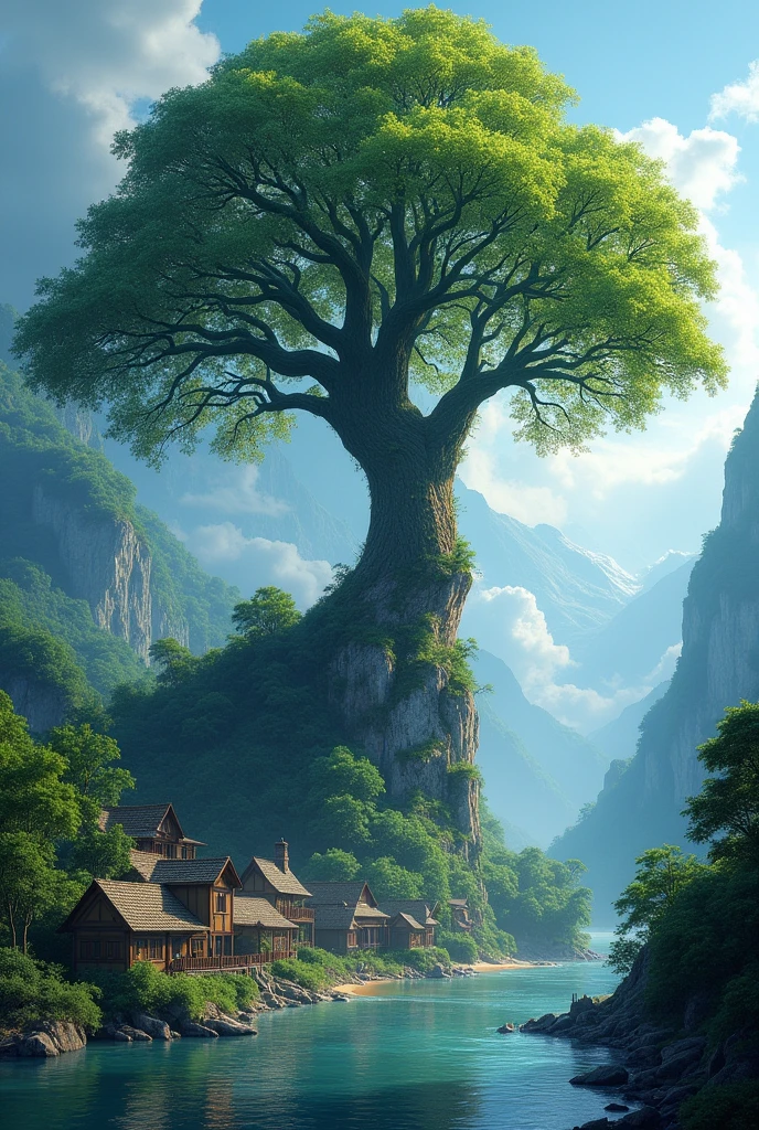 Avatar tree on the top of the mountain side of the river across the river village is there 