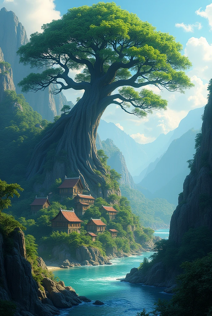 Avatar tree on the top of the mountain side of the river across the river village is there