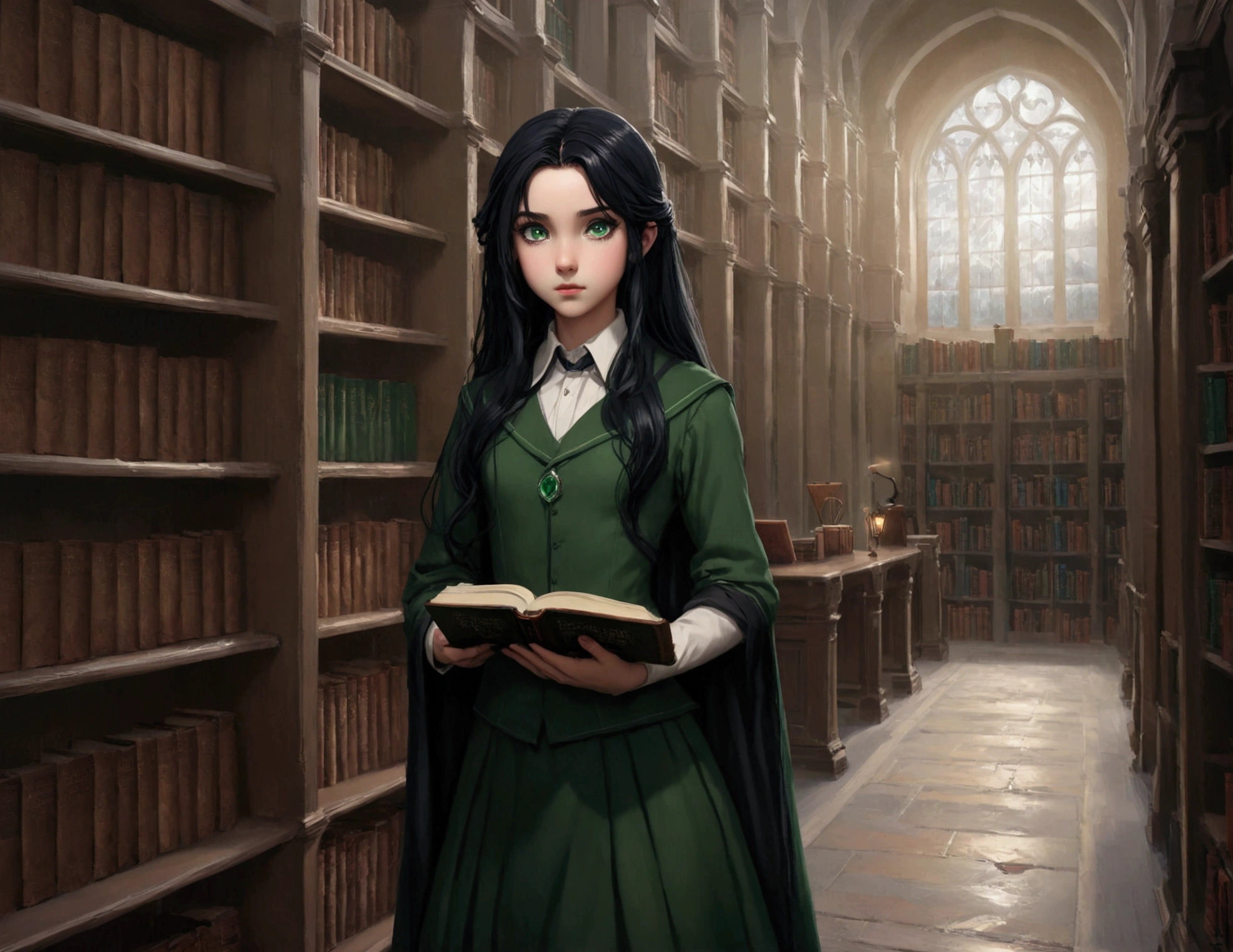 daughter of severus snape,  girl, green eyes, long black  hair, in a library with books and a book case, dark academia, dark academia aesthetics, light novel cover art, from cryptid academia, dark academia aesthetic, anime visual of a cute girl, european cover, magical school student uniform, beautiful witch high school girl, infinite celestial library, clean detailed fantasy medieval, library background, epic light novel cover art
