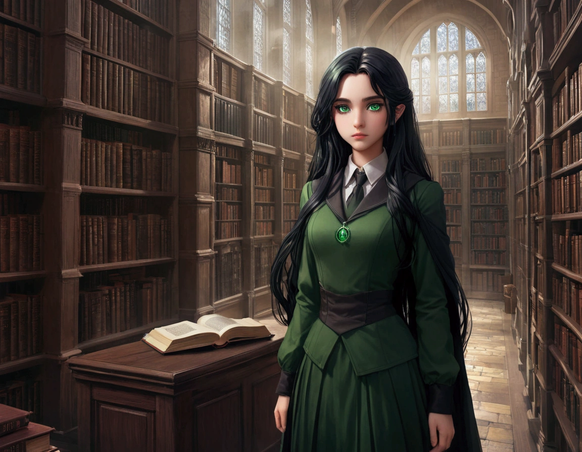 daughter of severus snape, girl, green eyes, long black hair, in a library with books and a book case, dark academia, dark academia aesthetics, light novel cover art, from cryptid academia, dark academia aesthetic, anime visual of a cute girl, european cover, magical school student uniform, beautiful witch high school girl, infinite celestial library, clean detailed fantasy medieval, library background, epic light novel cover art