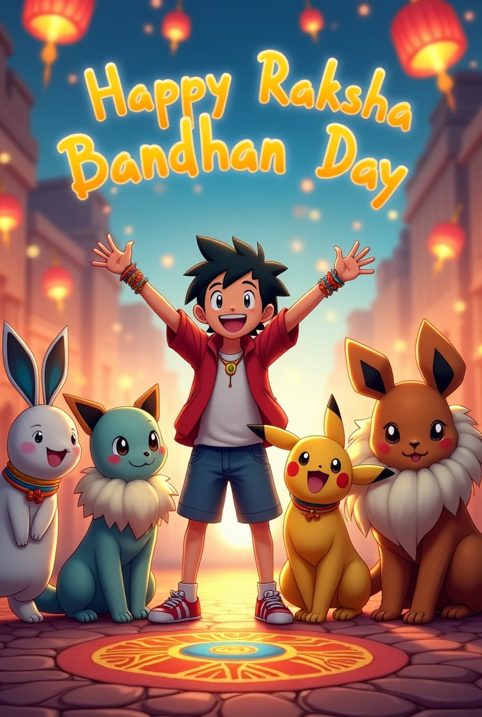 Ash,  and Pokemons celebration of Raksha Bandhan Day With Happy Raksha Bandhan Day Text

