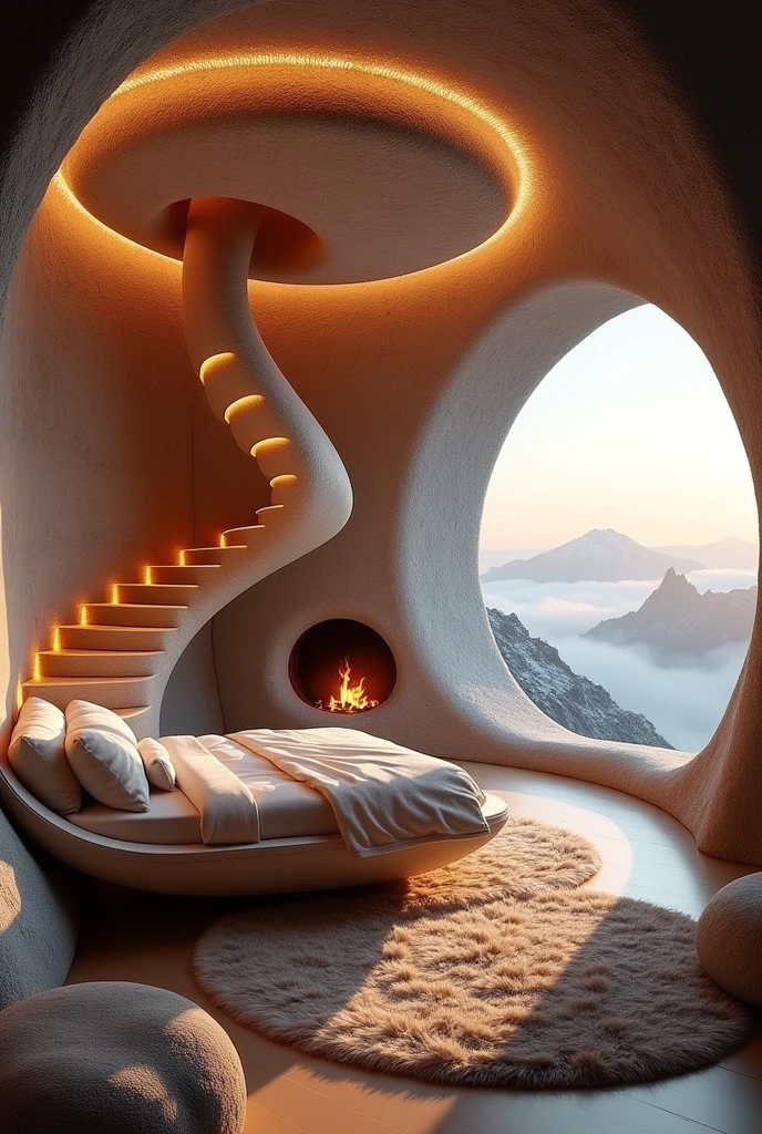 Cave Spa Hotel(Including circular guest room space，Bed，There are floor-to-ceiling windows，With skylight，Wall design)night，Beige、ethereal abstract、Rococo interior、Textured layered surface、Whimsical shapes、Pastel color palette